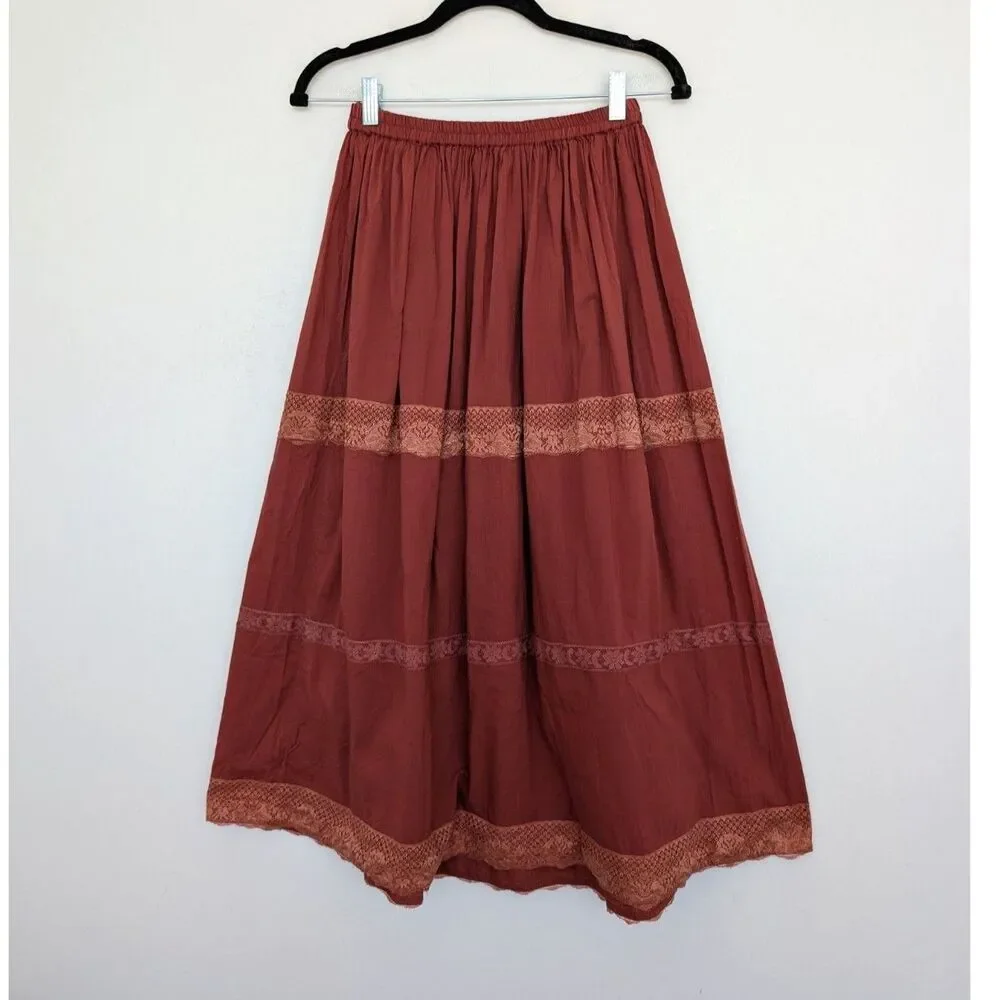 Y2K Vintage Rampage Rust Boho Lace Tiered Cotton Midi Skirt Sz M Made in India